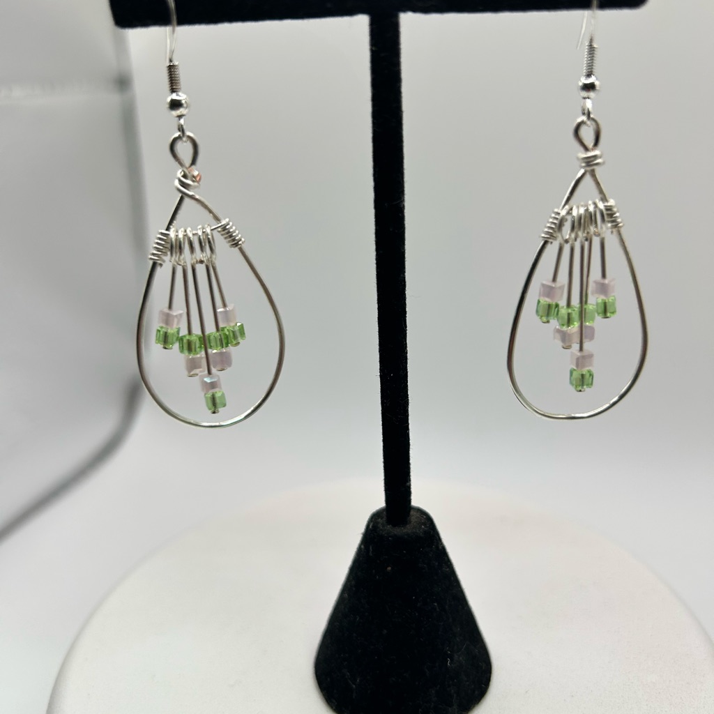 Elegant Silver And Green Beaded Earrings